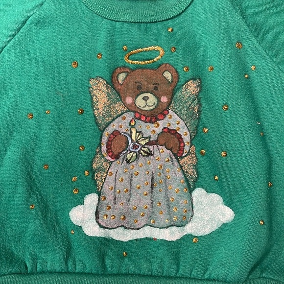 Vintage Fisher-Price Green Angel Bear Kids Sweatshirt Hand painted 4T - Picture 3 of 6